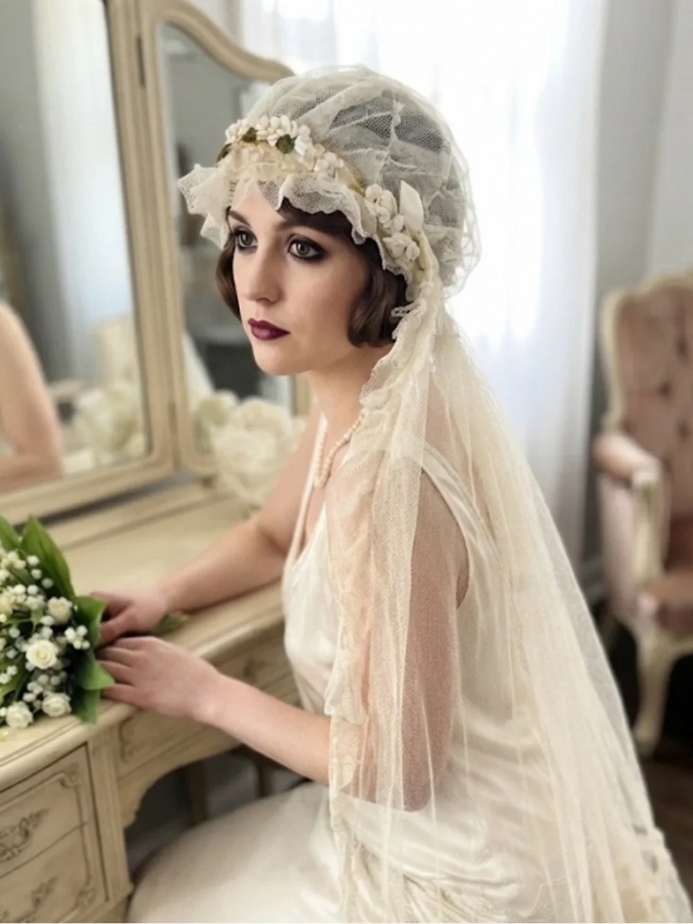 Vintage 1920s Juliet Cap Veil with Silk Floral Accents & Lace Netting